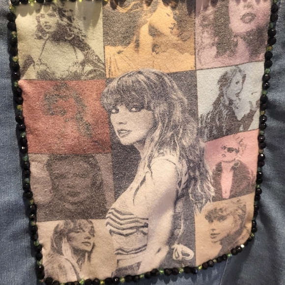 Custom Taylor Swift Upcycled Blue Denim Jean Jacket with Patchwork & Beads Sz 4 - Picture 4 of 8